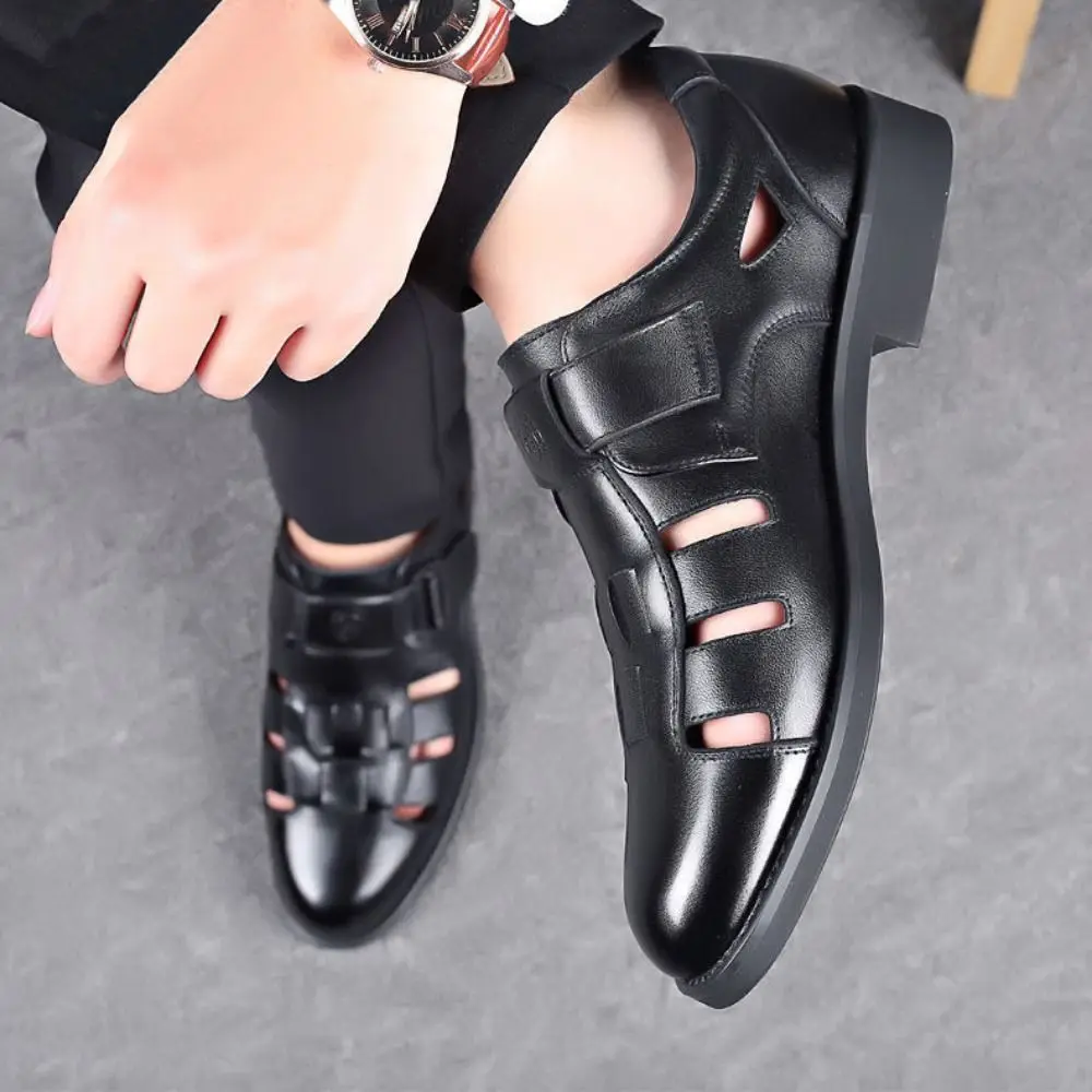 

Classic Business PU Sandals Men Comfortable PVC Sole Hollow Leather Shoes Outwear Beachwear Closed-toe Shoes Male
