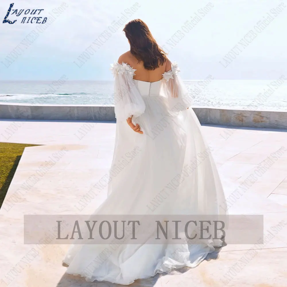 LAYOUT NICEB O-Neck Plus Size Wedding Dresses Appliques Puff Sleeves Bride Gown Backless Buttons Tulle vestido de casamento 2024