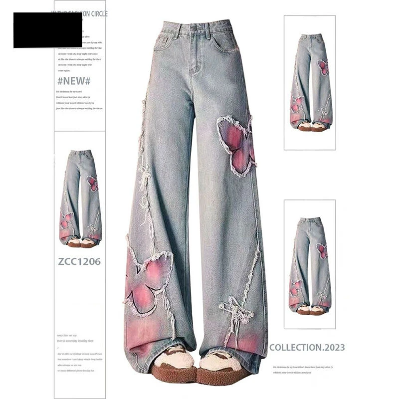 

Elegant Embroidery Washed Jeans Women's Spring Butterfly Stitching Trousers Design Sense Rough-Edge Wide-Leg Shorts