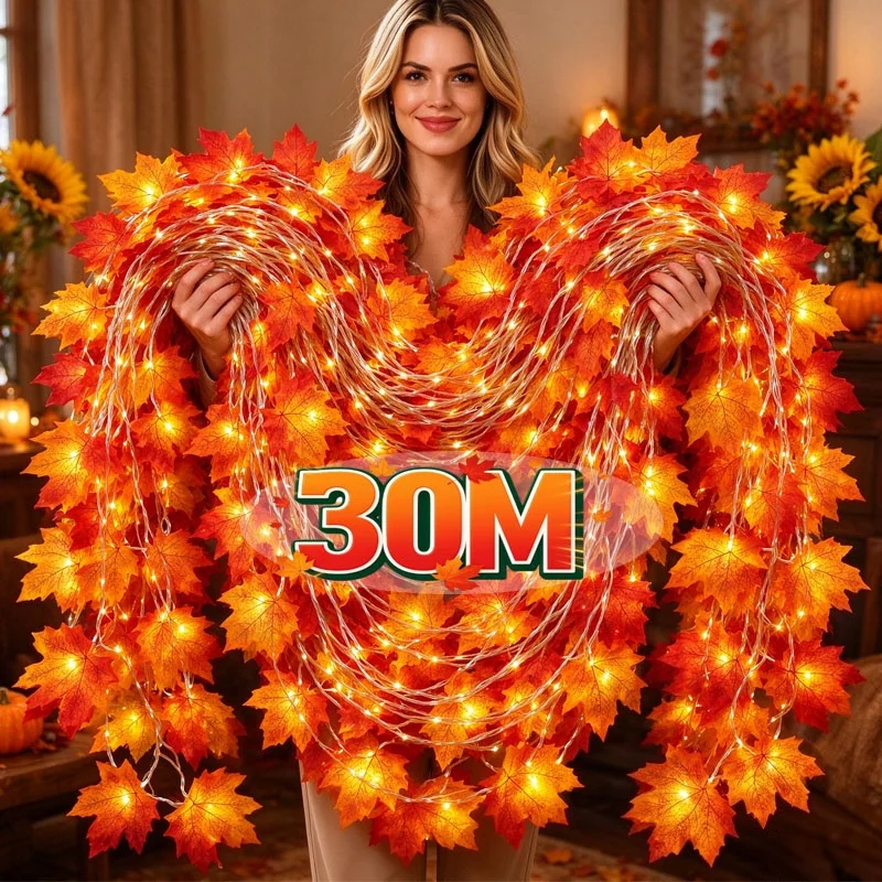 30M Maple Leaf Light Strings Perfect for Thanksgiving Halloween Home Decor Fireplaces Rooms and Indoor Aesthetic Decoration