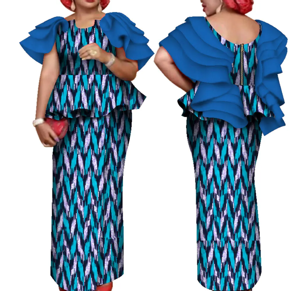 African Women\'s Clothing Floral Print Ruffle Sleeve Top Shirt and Long Skirt 2 Pieces Set Elegant Dashiki African Clothes Wy7643