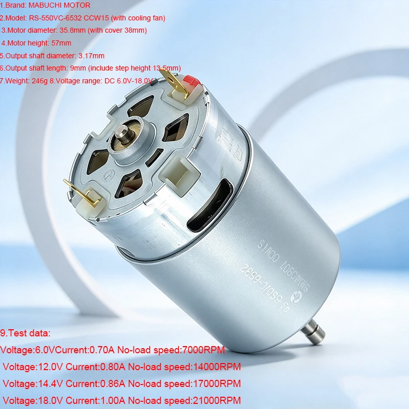 Mabuchi RS-550VC-6532 High Speed Power Electric Hand Drill Screwdriver Motor CCW15 21000RPM Compatible with 12V 14.4V 18V DC Gar