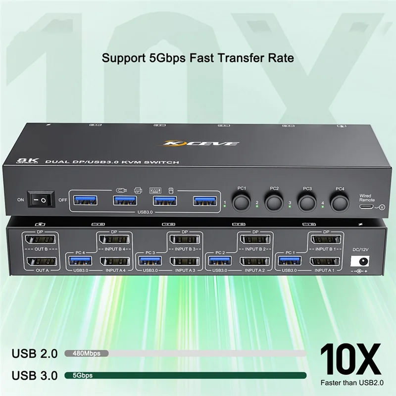 

ABDE-KCEVE KVM Switch 4 Computer 2 Monitors Displayport USB 3.0 KVM Switcher Supports 4K@60Hz DP Port KVM Switch EU PLUG
