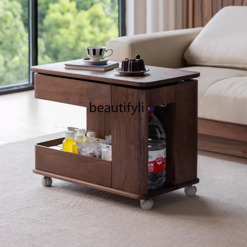 

Black walnut all solid wood cart movable lifting coffee table side table living room small apartment rotating small table