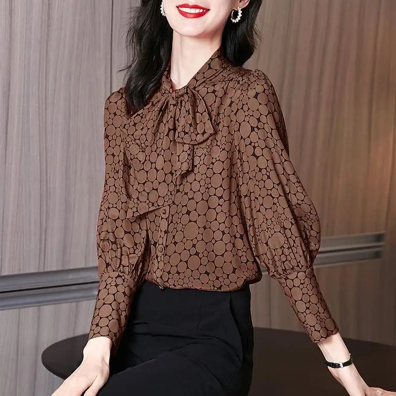 New Coffee Colored Bow Polka Dot Long Sleeved High-end Chiffon Shirt Top for Women