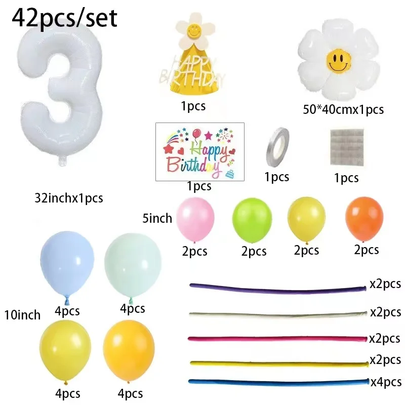 42pcs Daisy Flower Balloon Set 32inch 1-9 White Digital Balloon Tower For Kids Happy Birthday Party Decoration DIY Crafts Supply