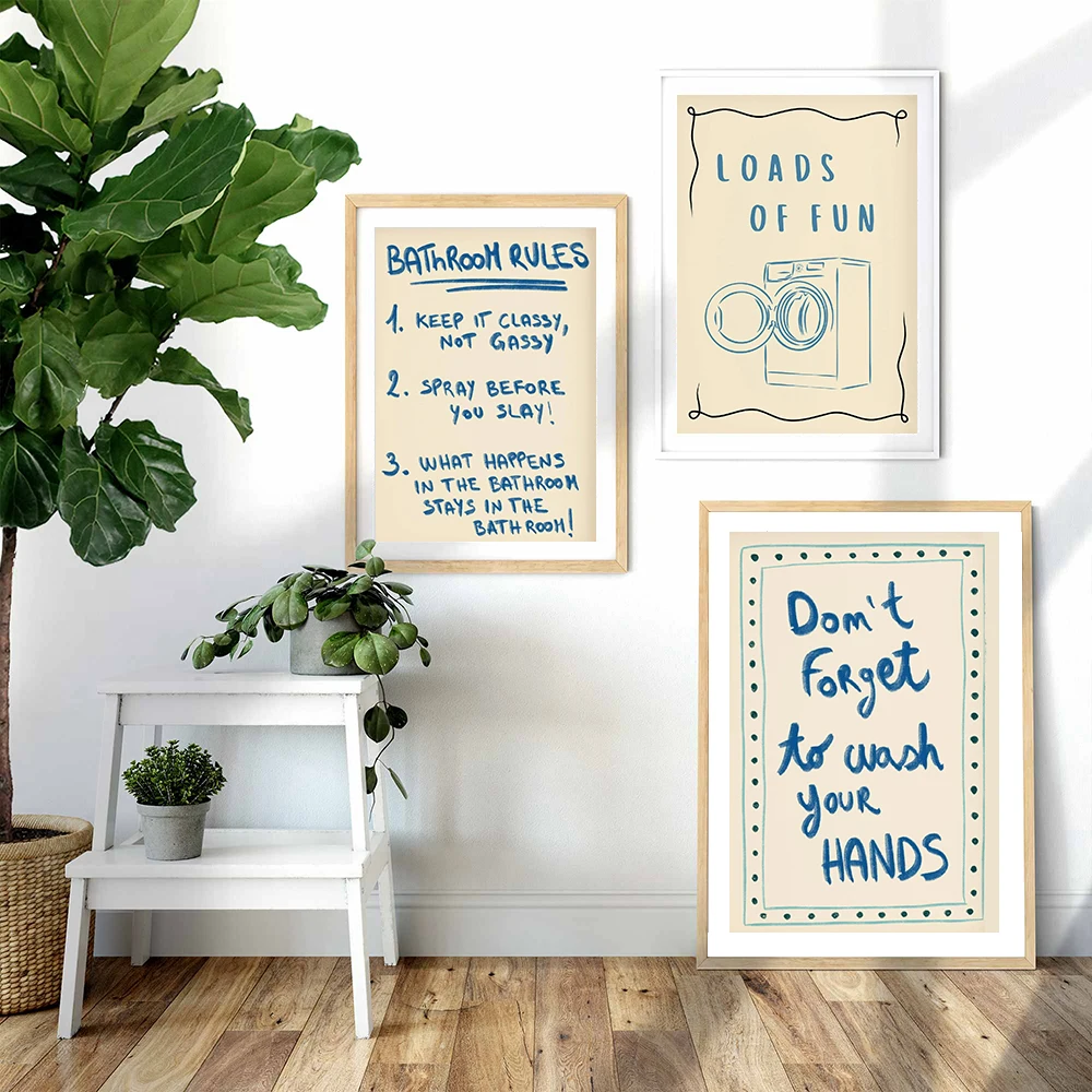 Bathroom Wall Art Fun Quote Prints Hand-Drawn Wall Art Canvas Painting Humorous Bath Decor Modern Art Prints for Bathroom Rules