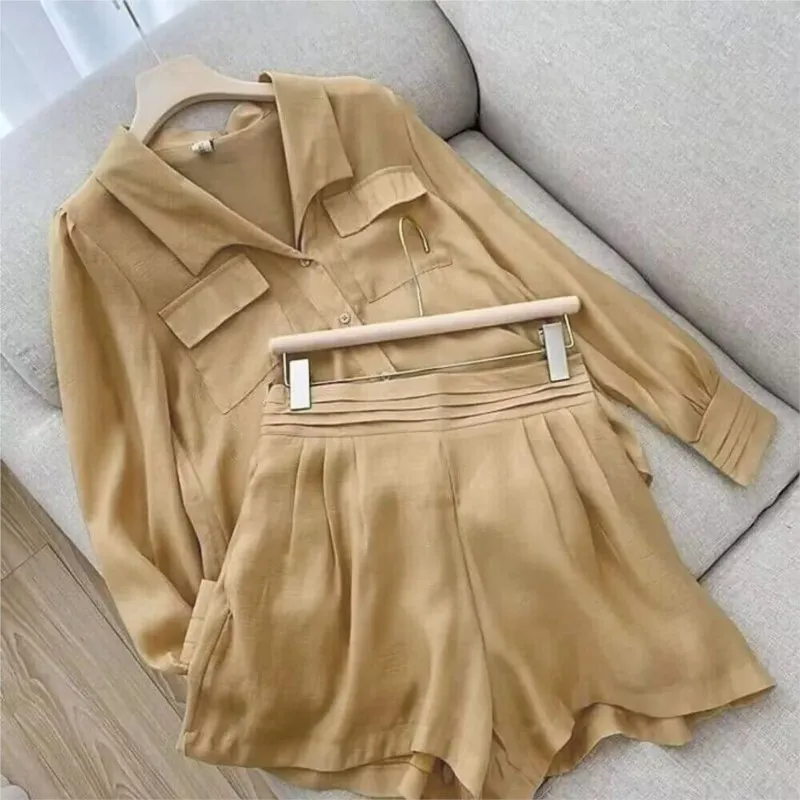 Candy Colors 2Pcs/Set Women Shirt Shorts Suit Lapel Long Sleeves Tracksuit Lapel Pocket Loose Shirts Top + Pants Two Piece Sets