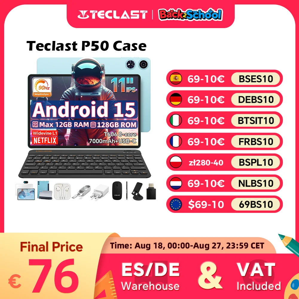 Custodia Teclast Tablet P50 Android 15 11 T606 8 Core Max 12 GB RAM 128 GB ROM P50 Custodia/Tastiera/Mouse/Stilo/Cuffia/Supporto