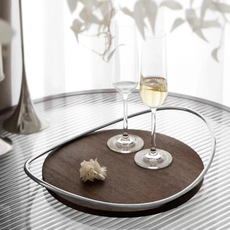 Oval wood stainless steel tray, afternoon coffee table coffee cup light luxury high-end mirror metal aromatherapy desktop wooden