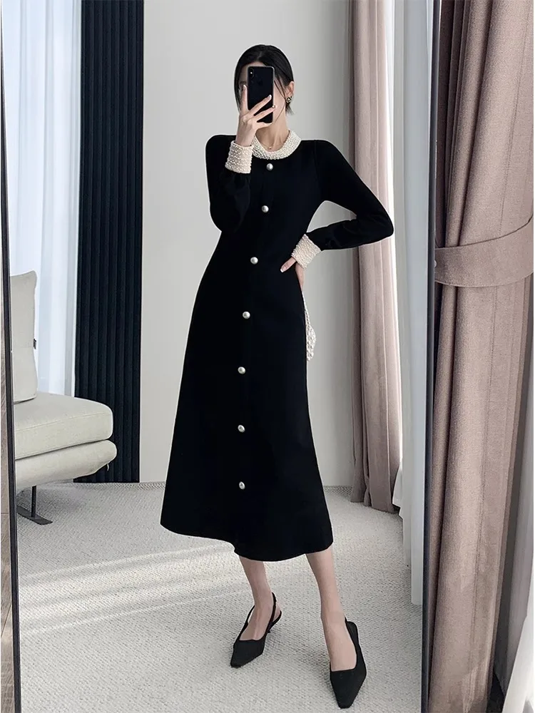 

French Black Long Sleeved Knitted Sweater Bottom Dress Women's Spring Autumn Pearl Decor Cuff O-Neck Dresses Matching Coat