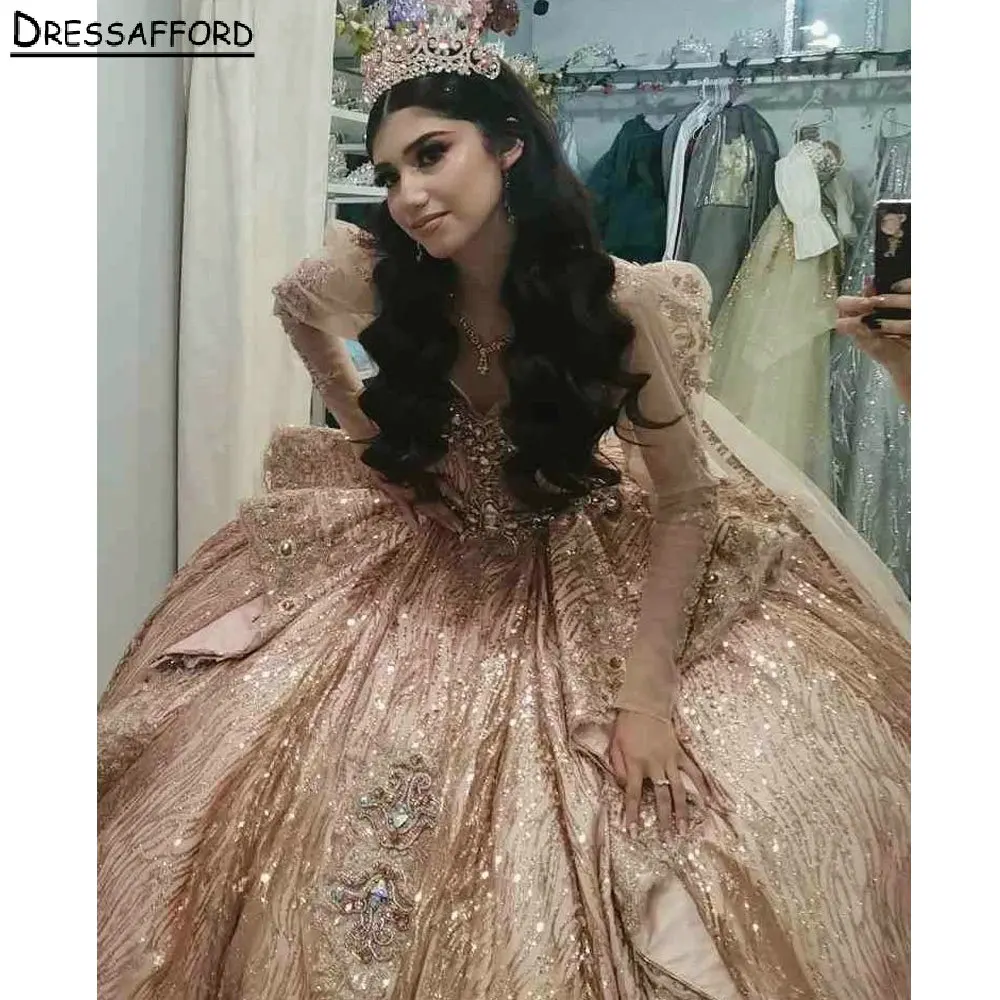 Vestido Princesa Quinceanera com Capa, Manga Comprida, Rosa Dourado, Espartilho Princesa, Vestido de Baile, Brilho Beading, Ruffles Cristal, XV Anos