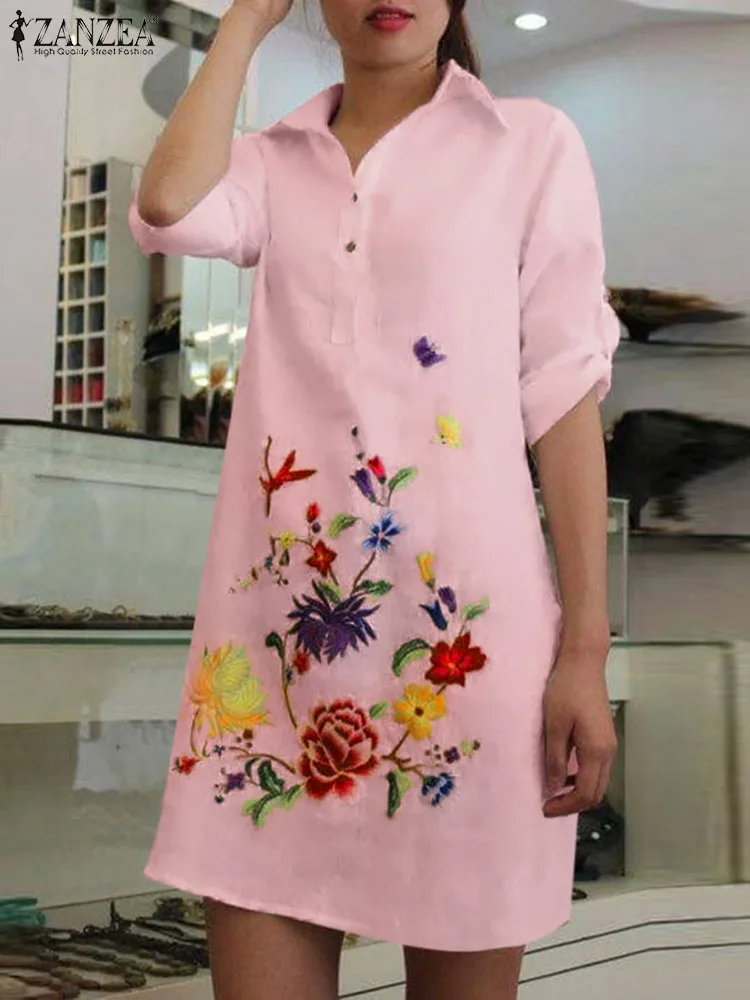 

ZANZEA Women Shirt Dress Vintage Floral Print Mini Robes 2024 Summer Half Sleeve Buttons Sundress Casual Loose A Line Dresses