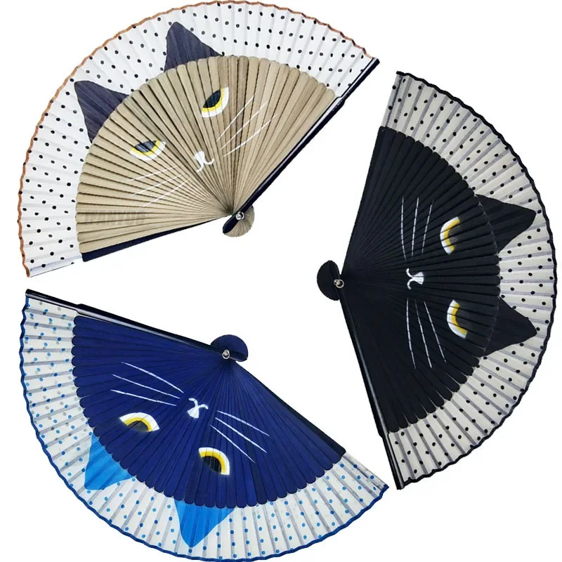 1Pc Cat Pattern Bamboo Folding Fan Japanese Style Women Lovely Cartoon Kitten Hand Fans Handheld Fan Crafts Home Decoration Gift