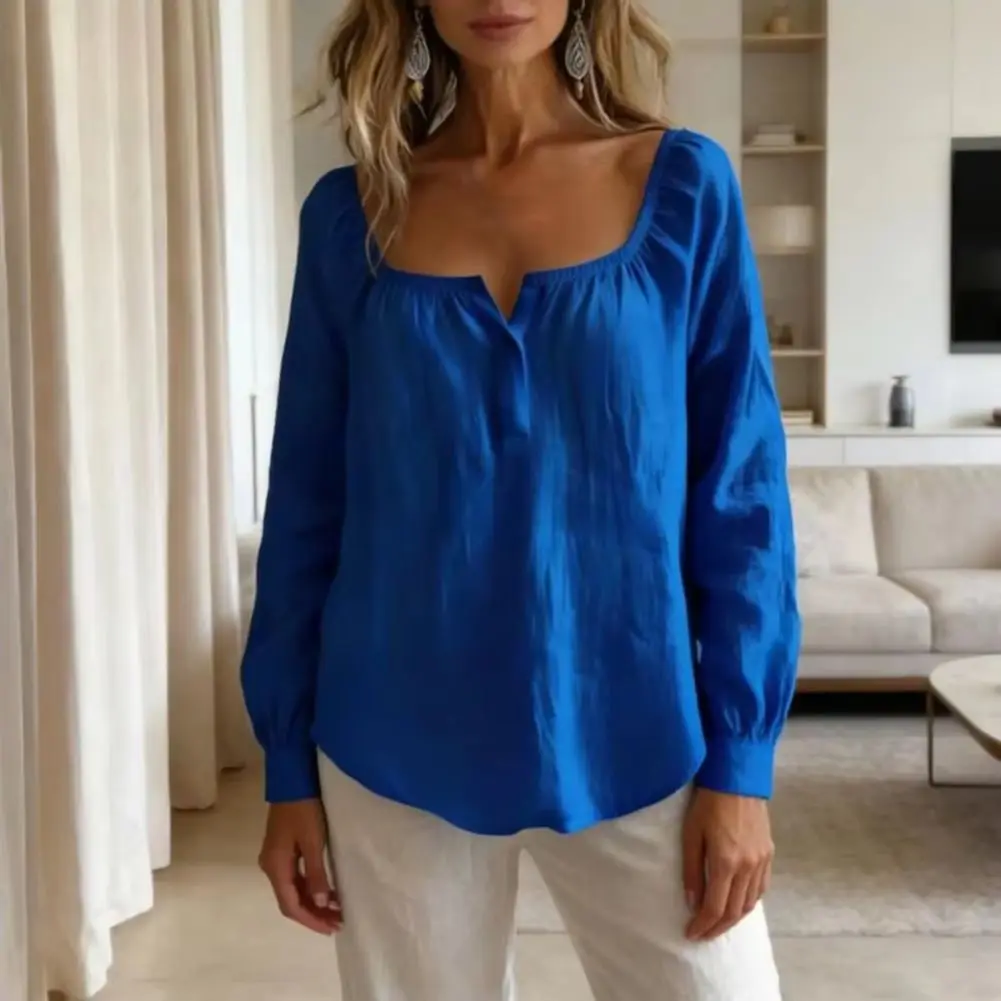 Summer Women Shirt Soft Stretchy Blouse Solid Color Tops V-neck Long Sleeve Blouse Loose Stretchy Neckband Loose Fit Shirt