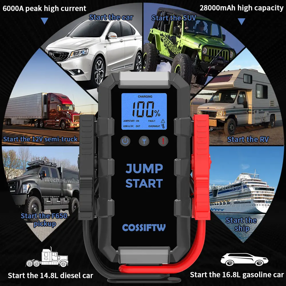 High Power 28000mah peak Current 6000A Strong Power Portable 12V Emergency COSSIFTW Jump Starter with Power Bank and LED Light