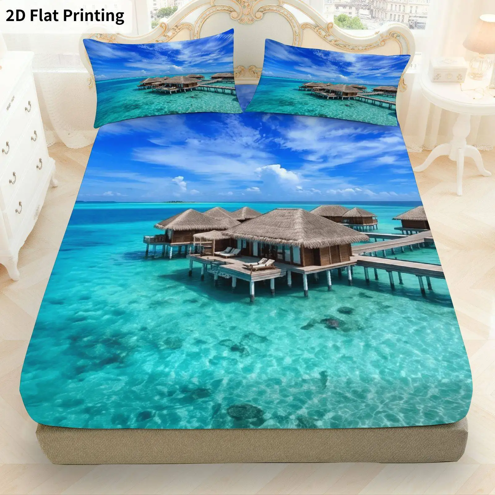 3-Piece Mattress Protector Set, Tropical Beach Themed Bedding, Suitable for Bedroom, Turquoise Palm Tree and Ocean Wave Print Fitted Sheet, Mattress Protector, Stain-Resistant, Suitable for All Seasons, Machine Washable, Easy to Care For, Suitable for Home Bedrooms, Essential for Dorms and Rentals, Master Bedroom and Guest Room Decoration, Dust-Proof and Stain-Resistant, High Elasticity, Fits Various Sizes