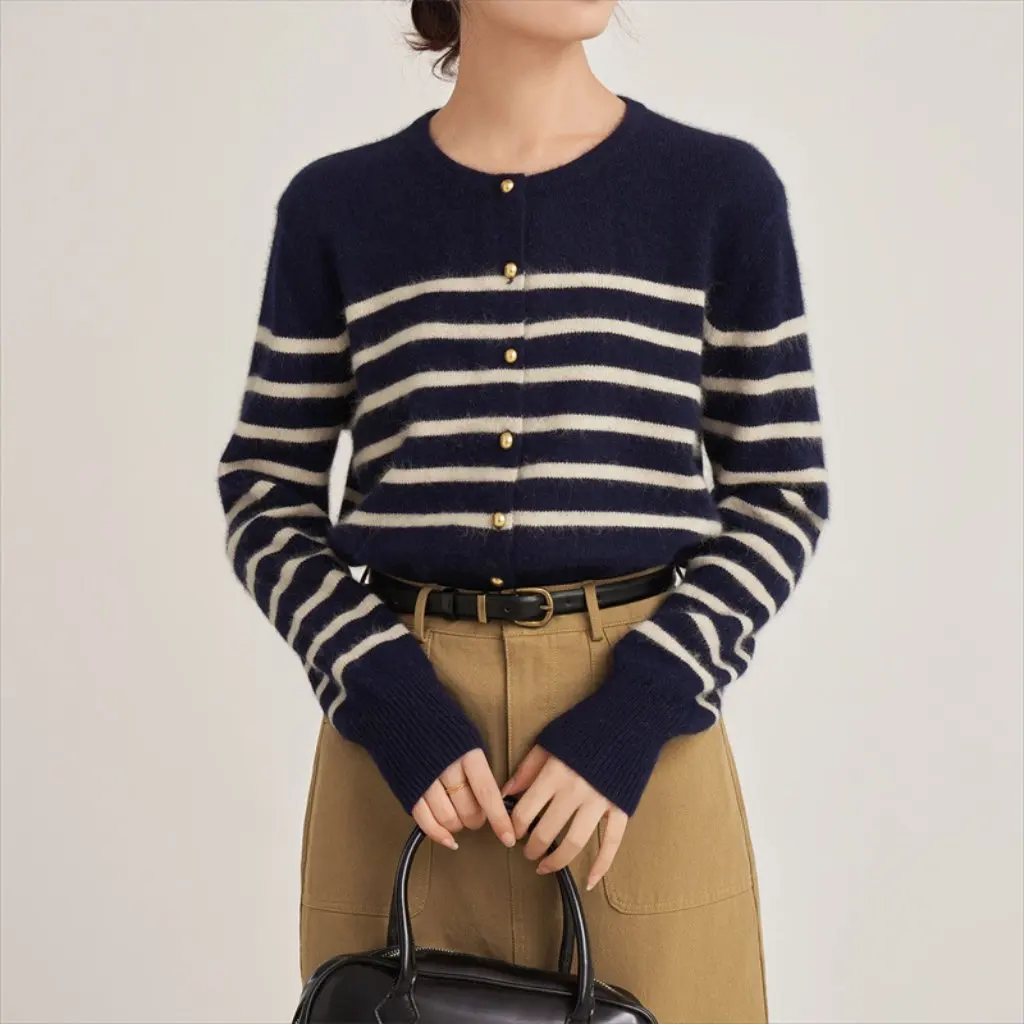 

Женский маленький вязаный кардиган контрастного цвета с круглым вырезом в полоску, свободный свитер в ленивом стиле, куртка на осень-зиму, новый дизайн
