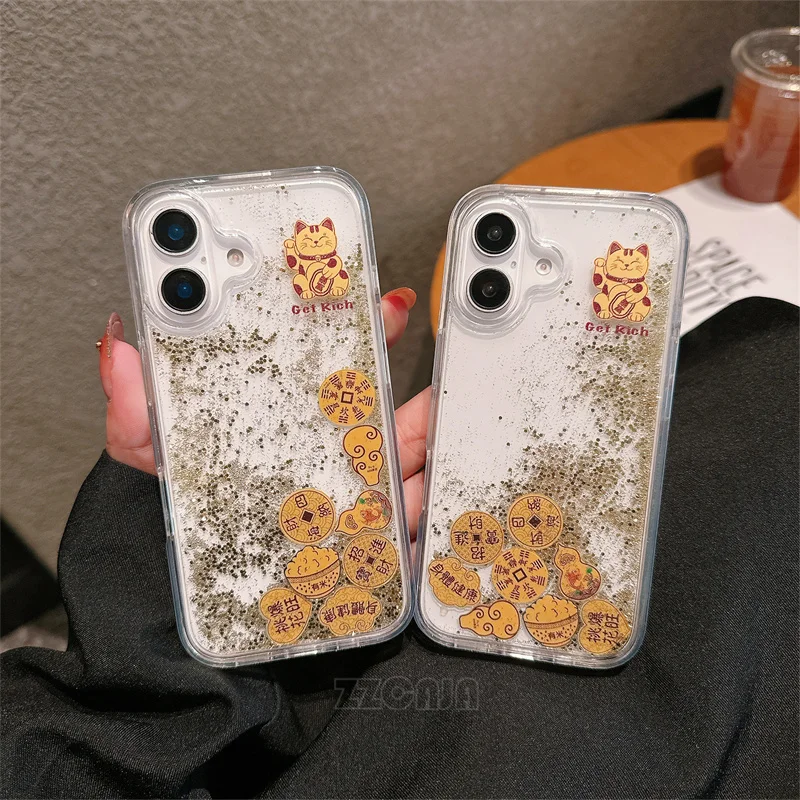 2025 All is Well For iPhone 11 12 13 14 15 16 Pro Max Case Chinese New Year Money God Fortune Cat Shiny Glitter Quicksand Covers