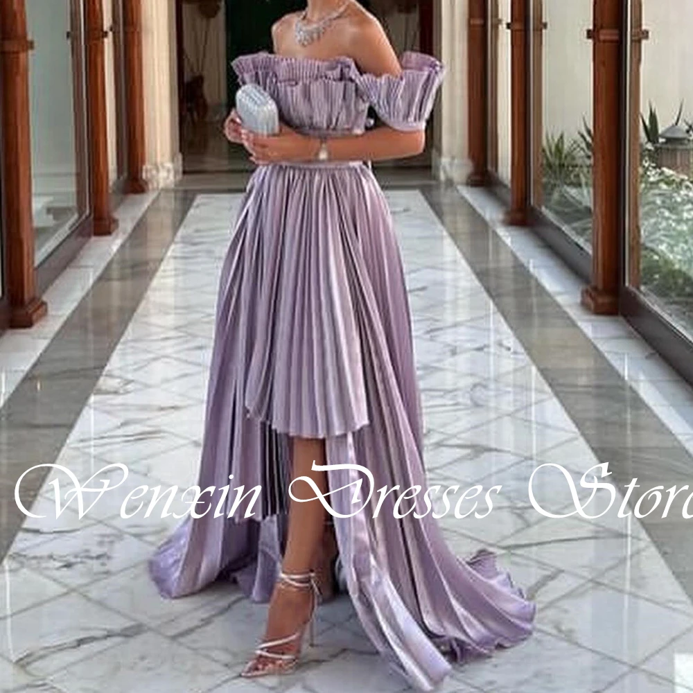 Delicate and Elegant Purple Satin Scalloped Lace Up Back Evening Dress A-Line Off the Shoulder Sweep Train Pleats Short Sleeves