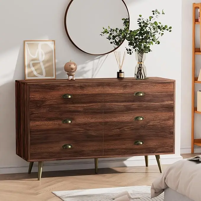 Dresser for Bedroom with 6 Drawers, Walnut Wood Dresser with Golden Handles, Mid Century Vintage Chests of Drawer Storage