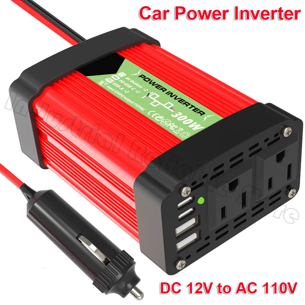 300W Car Power Inverter DC12V To AC220V AC110V with 2 USB Type C LED Work Light Solar Charger Converter Adapter Universal Socket