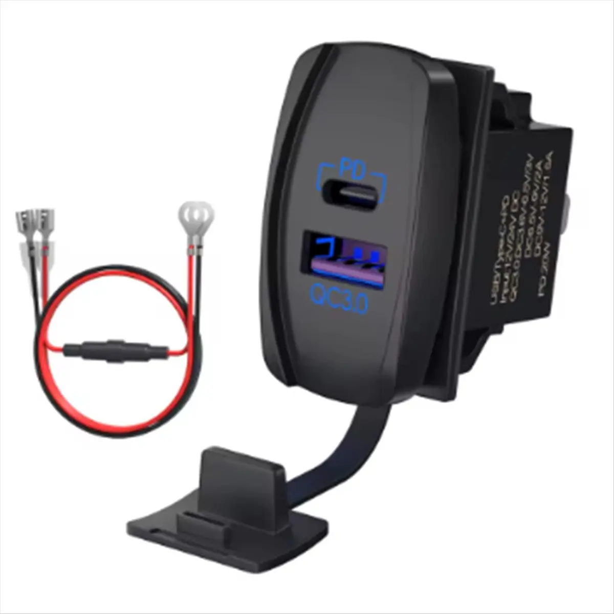 A003 USB Rocker Switch 12V Waterproof USB C & QC 3.0 Dual Ports Outlet PD Charger Socket for Car UTV RZR RV Truck Marine
