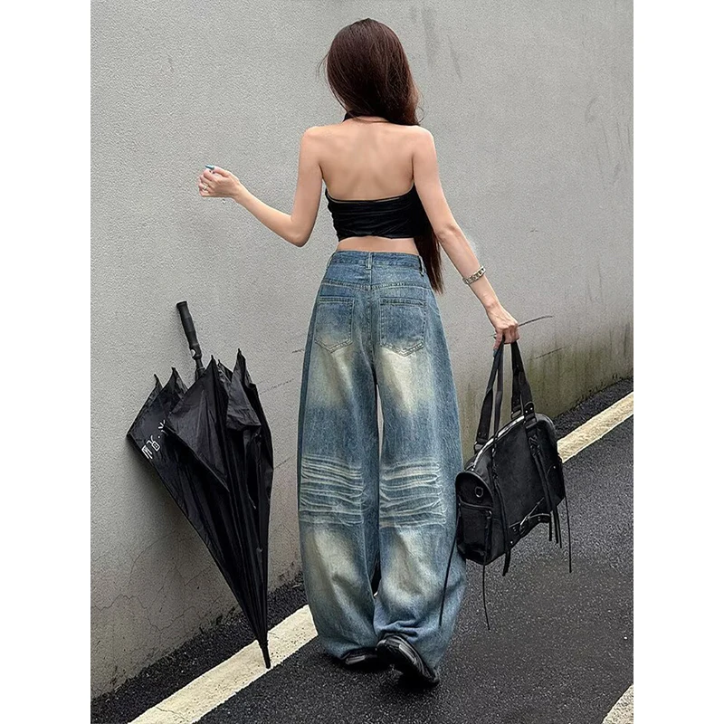 Y2K Jeans Women's Destroyed Ripped Baggy Wide-Leg Denim Pants American Street Style Vintage Washed Distressed Trousers
