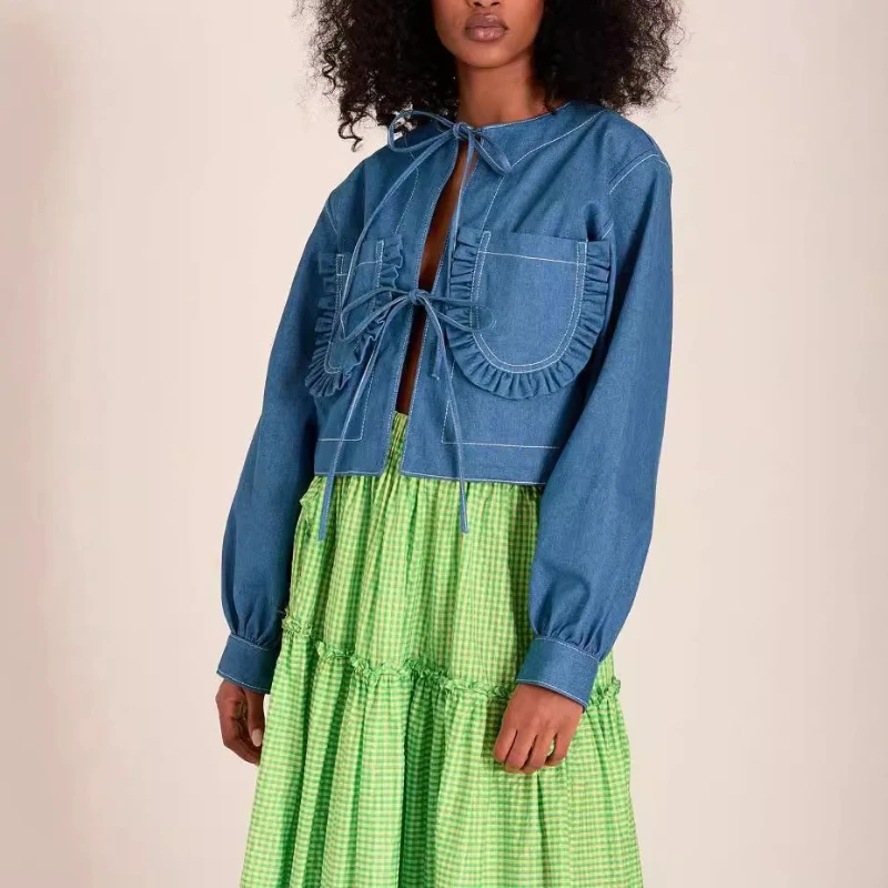 

Ковбойская куртка, женская осенне-зимняя новая уличная свободная куртка на шнуровке с длинными рукавами