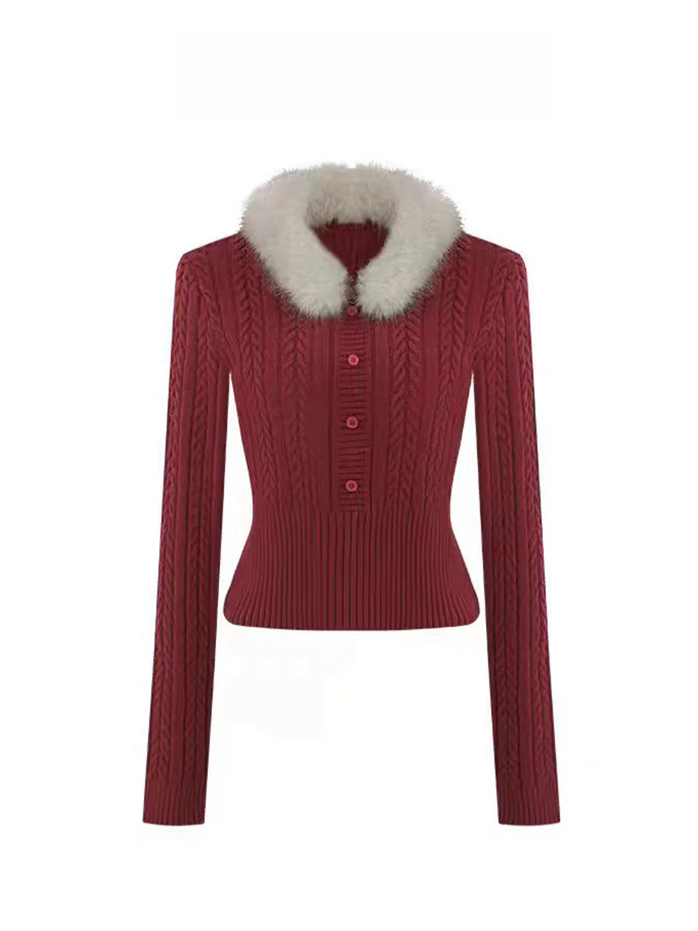 

Красный вязаный свитер со съемным меховым воротником для женщин, осень-зима, Новый год, Аосфера, вязаный топ, винтажный приталенный топ