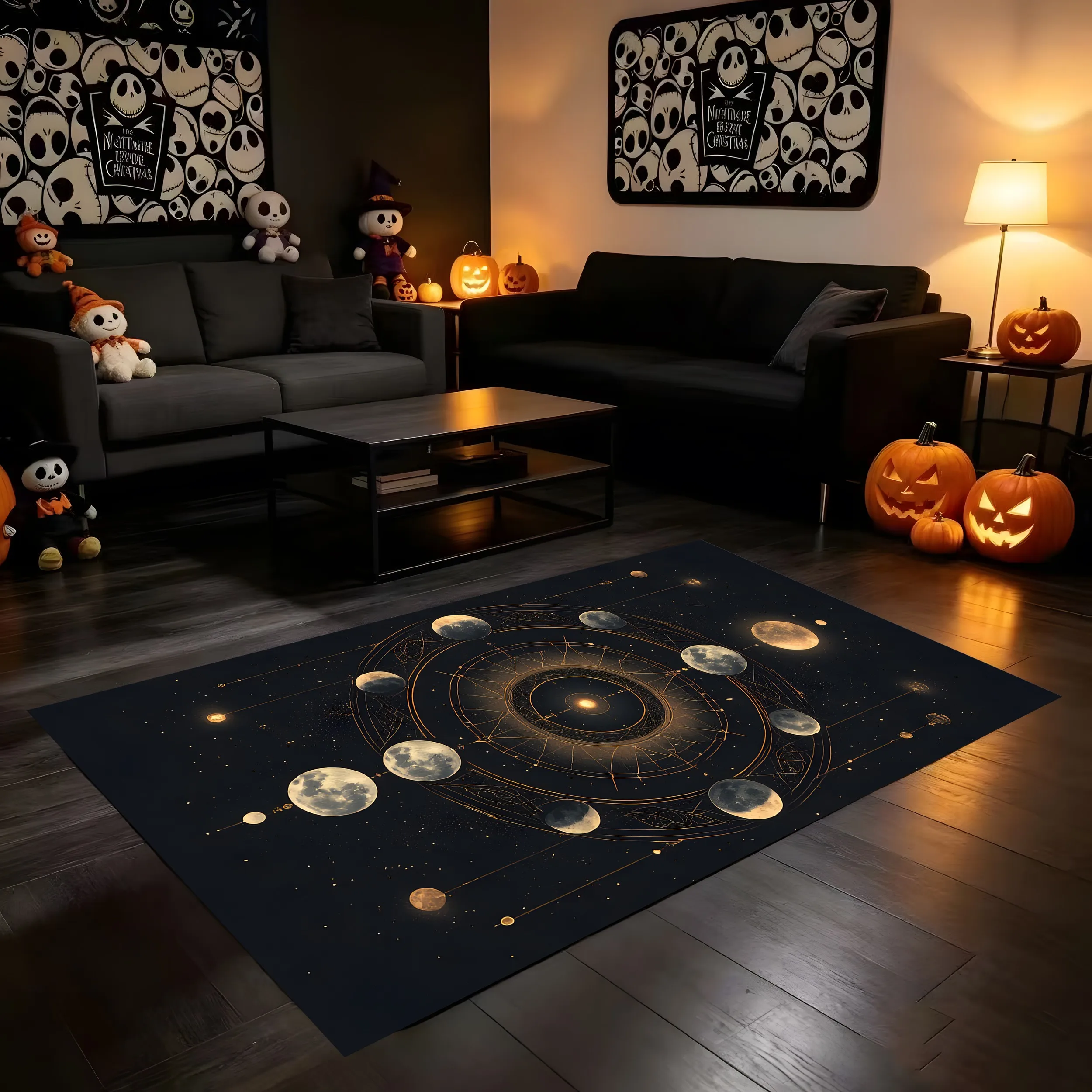 Velvet Rug Dark Retro Lunar Phase Star Chart Mysterious Style for Bedroom Living Room Halloween Party Decor