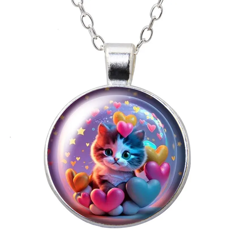 Cute cartoon Cats flowers bubbles Photo Round Glass cabochon necklace keychain brooch pin Aromatherapy car clips Custom jewelry - view 4