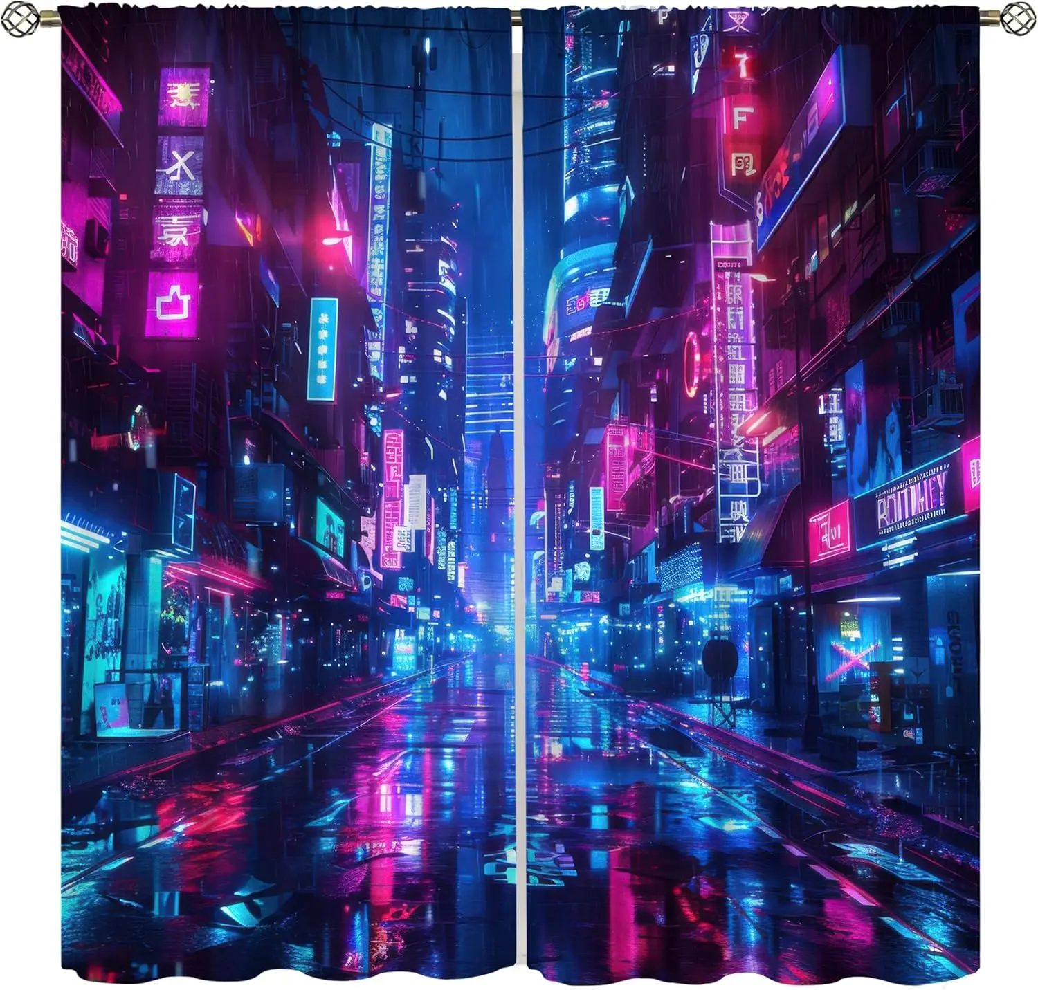 Cyberpunk Cityscape Blackout Curtains Neon Futuristic Urban Landscape Window Treatments for Gaming Room Sci-Fi Bedroom Tech Expo