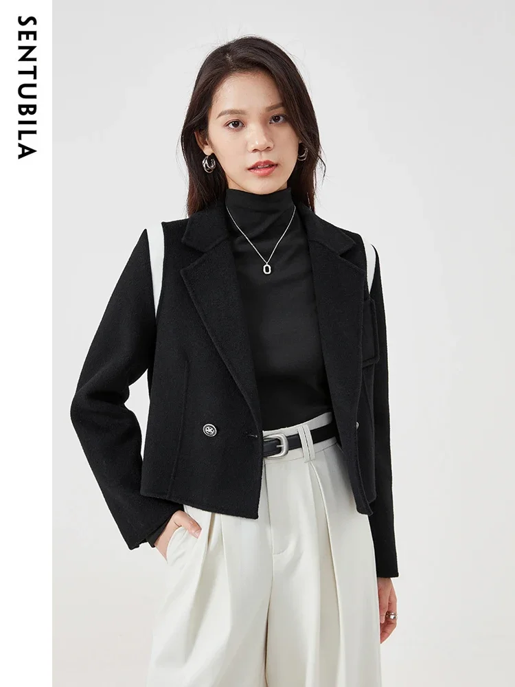 

SENTUBILA 100% Wool Short Blazer Coat Women 2024 Autumn Winter New Office Lady Crop Warm Double Sided Woolen Jacket W34O49906