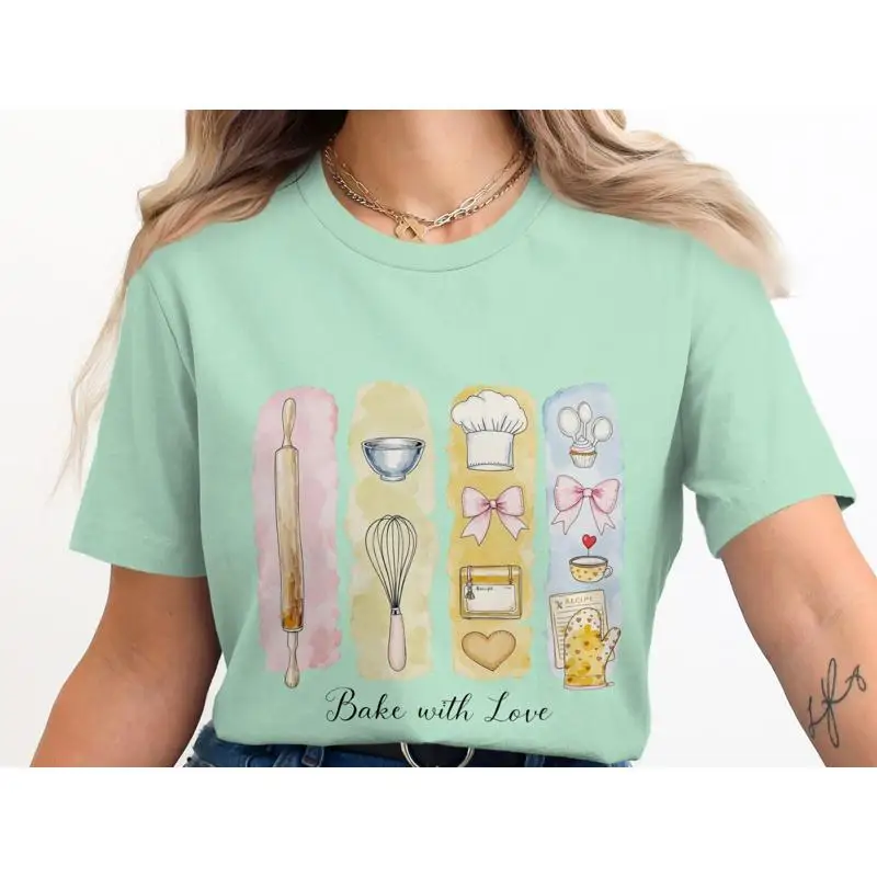 

Bake with Love T Shirt Cute Kitchen Tools Coquette Bows SweaT Trendy Baking Whisk