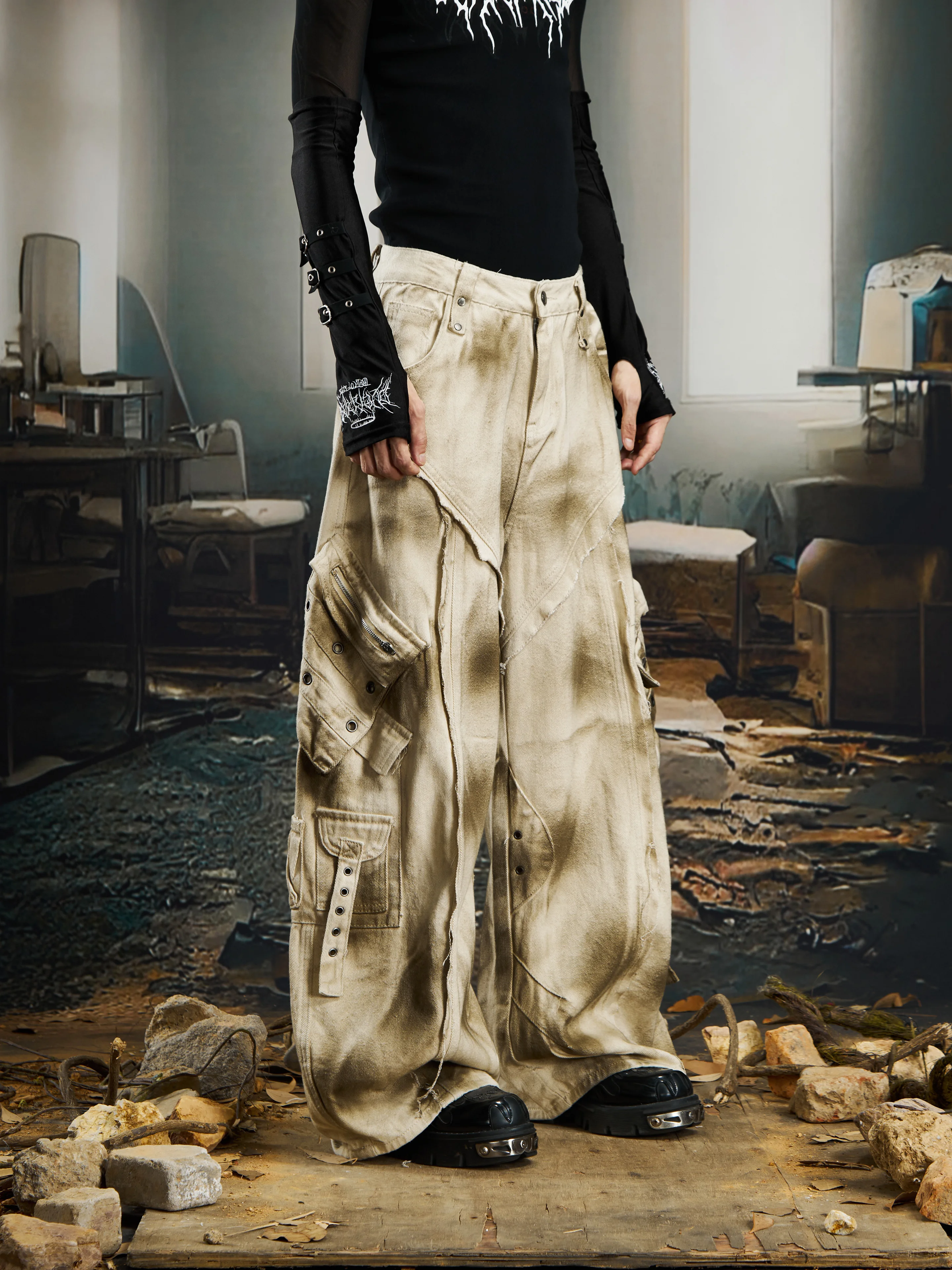 

Special-Interest Design Niche Heavy Industry Inkjet Washing Overalls Jeans Multi-Pocket Waste Soil Wind Structure Trousers