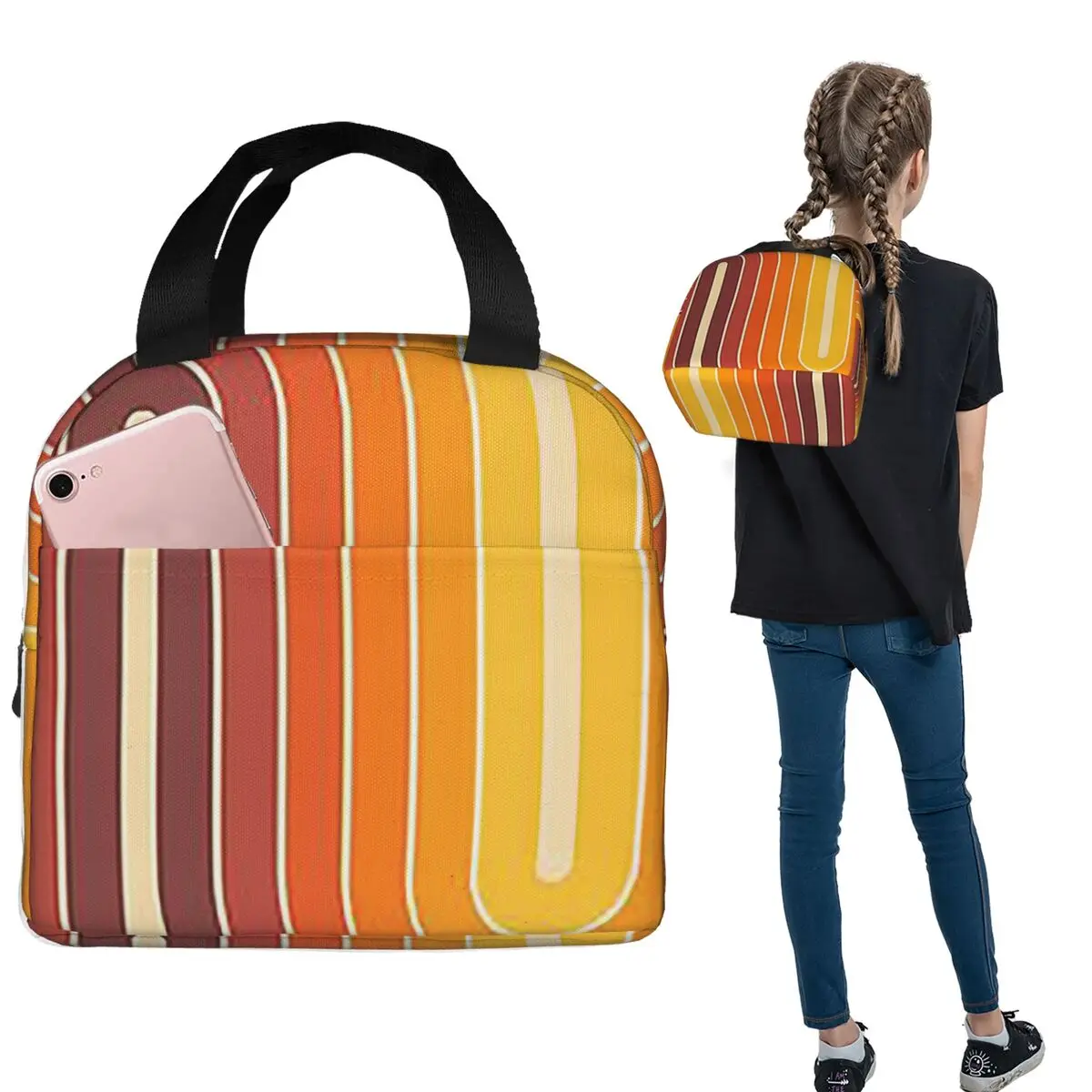 Retro Geometric Double Arch Design 522 Insulated Lunch Bag for Women Kids Leakproof Food Boxes Thermal Lunch Box Tote