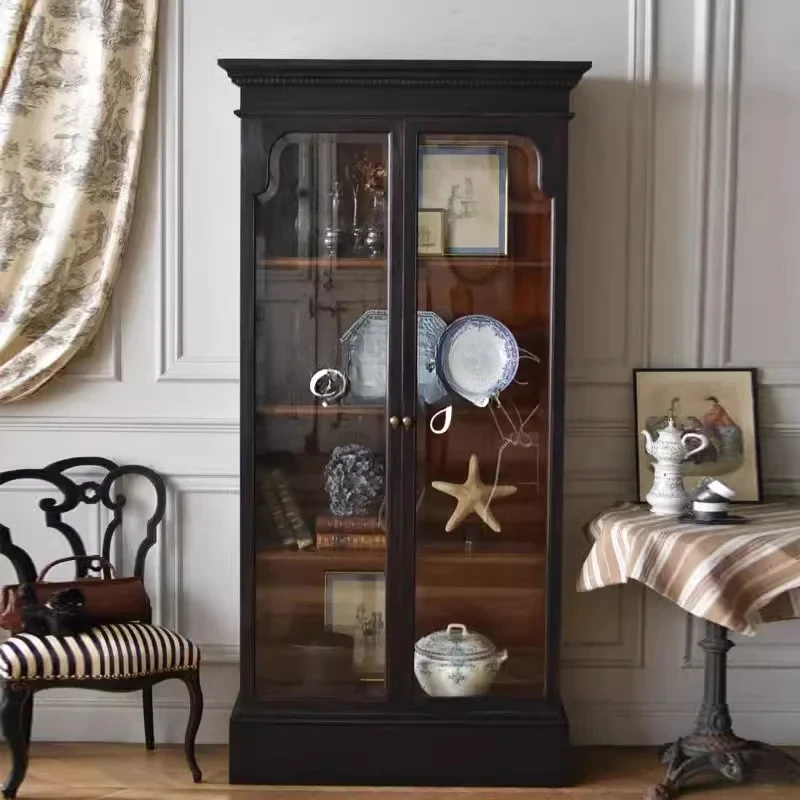 

A44 French solid wood medium antique glass door display cabinet antique cabinet living room wall locker
