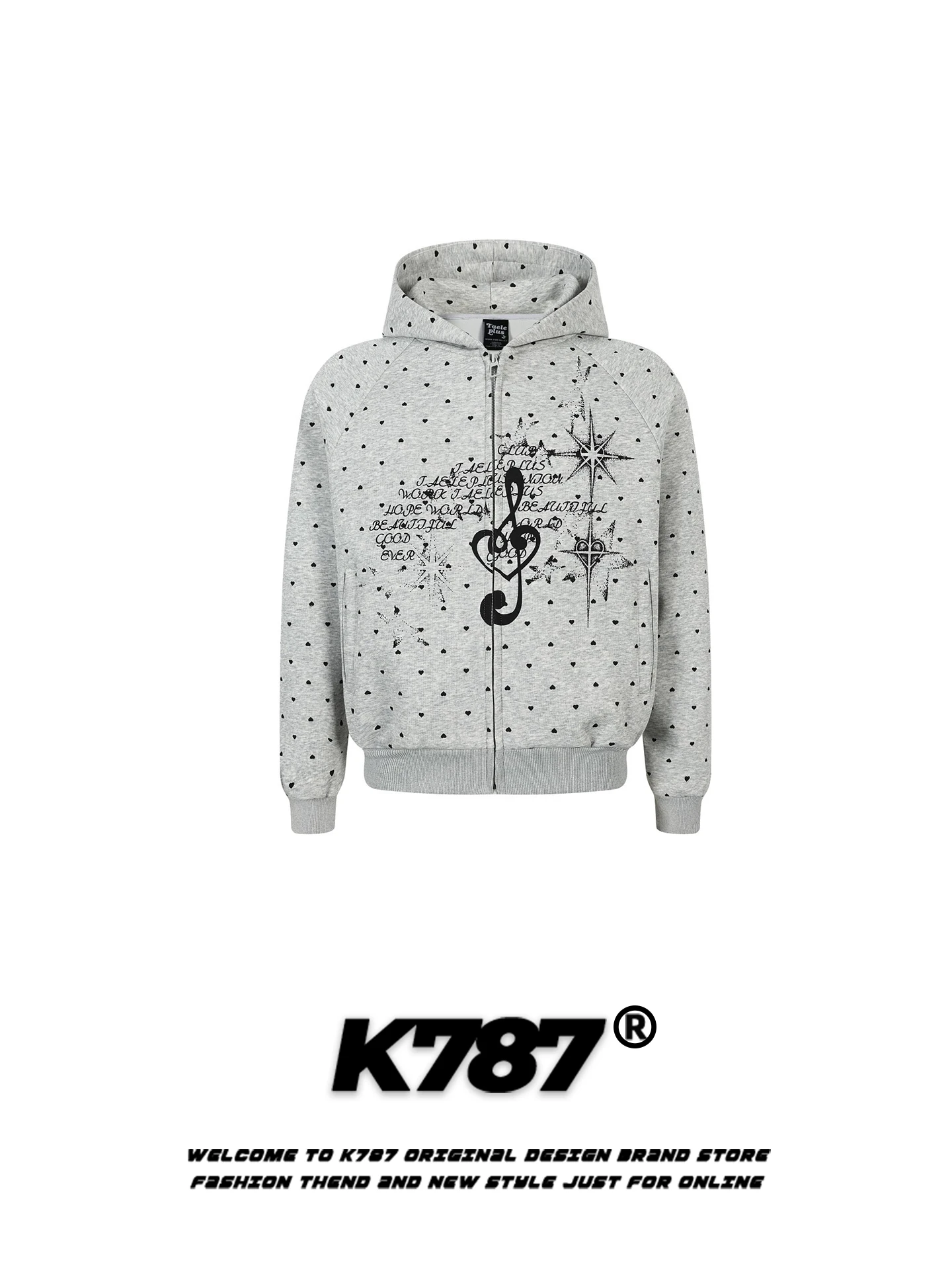 

K787 American Style Casual Heart Print Hoodie Women's Lightweight Loose Fit Short Zipper Jacket Youth Fashion Autumn Wear
