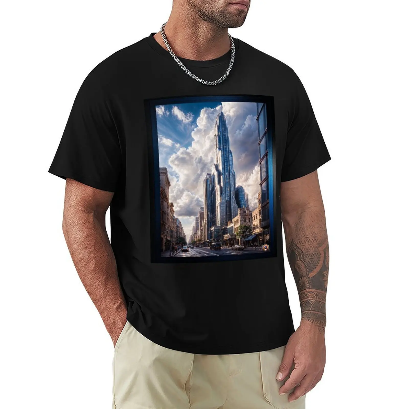 An Art Deco Futuristic Skyscraper Towering Over Cityscape Beautiful AI Concept Portrait Art by Xzendor7 T-Shirt