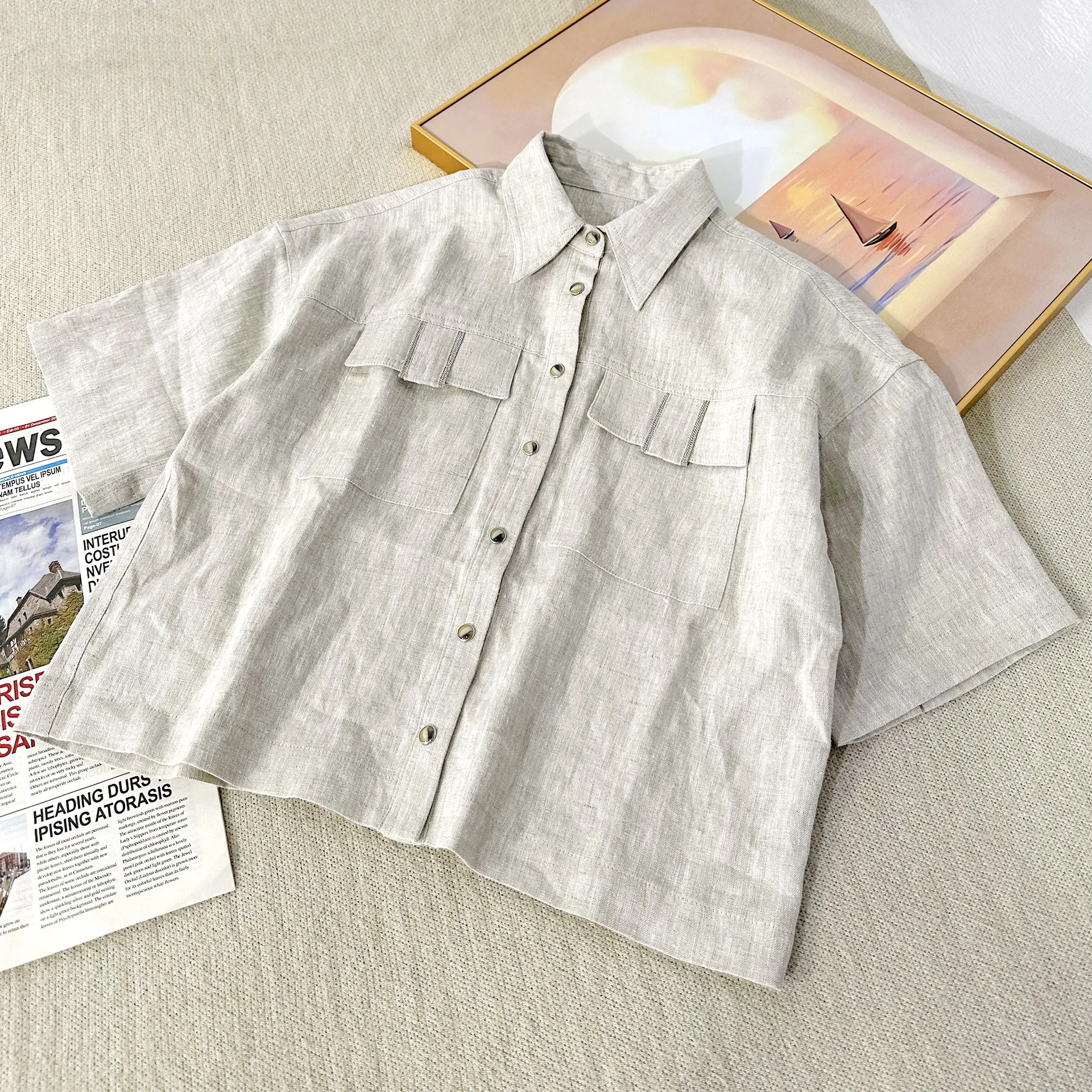 Femmes 2025 printemps nouvelle mode décontracté tout-match coupe ajustée petit haut lin Air à manches courtes