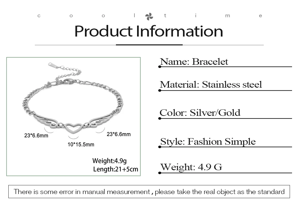 COOLTIME Herz Engelsflügel Armbänder für Frauen Edelstahl Goldene Farbe Hand Fußkette Charm Schmuck Geschenk – Detail 2