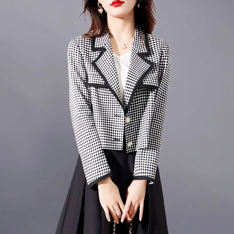 

Fashion Lapel Button Printed Houndstooth Blazer Women's Clothing 2024 Spring Autumn New Loose Office Lady Tops All-match Blazers