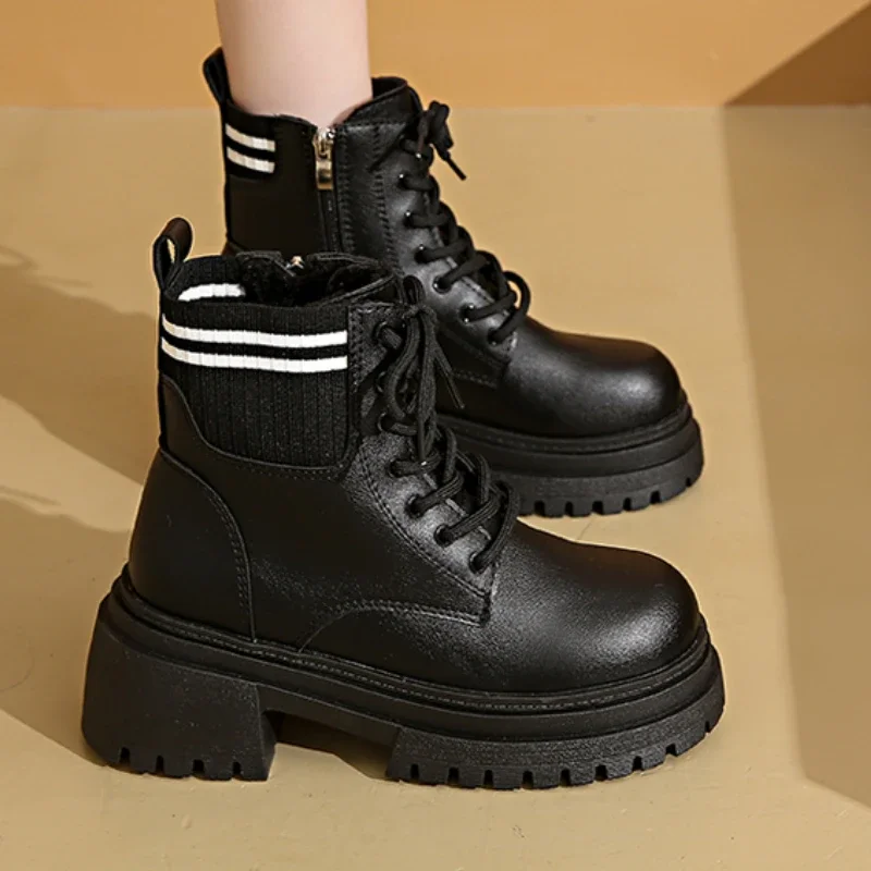 

British style lace up women's boots 2024 new winter thick soled round toe with plush waterproof platform fashion boots for women