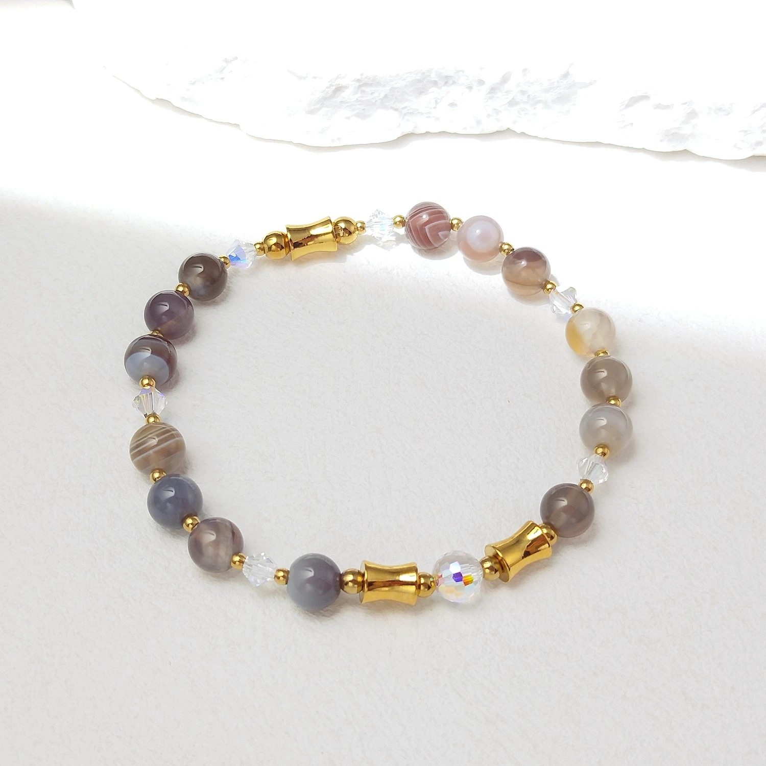 Lii Ji Natural Stone Botswana Agate 6/8mm With Crystal Stainless Steel Elastic Bracelet