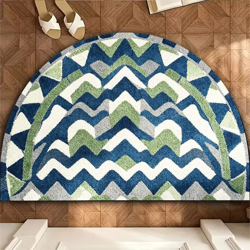 VIKAMA Blue Green Chevron Half Round Bath Mat, Non‑Slip Water Absorbent Geometric Bathroom Floor Rug