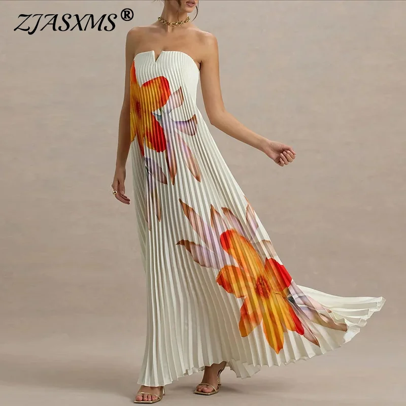 Summer Dresses 2025 Elegant Floral Print A-Line Woman Pleated Dress Sexy Hollow Strapless Backless Zips Boho Long Dress Vestidos