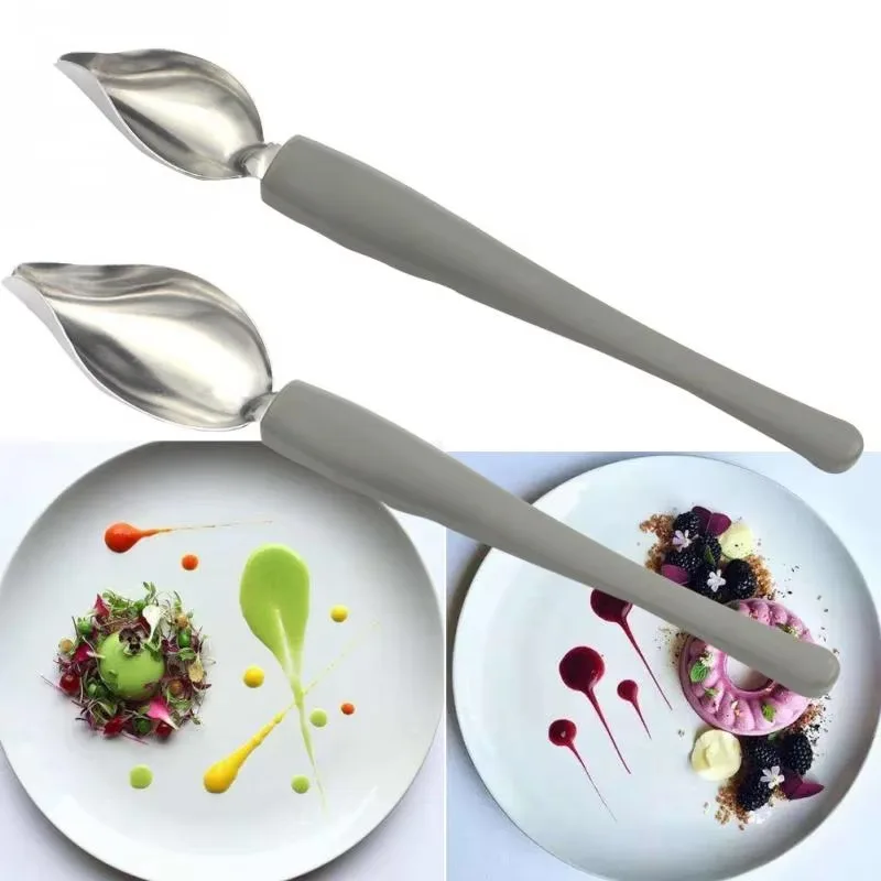 2 Sizes Metal Sauce Drawing Spoons Stainless Steel Chef Plating Tools Dessert Cake Decor Art Painting Spoon