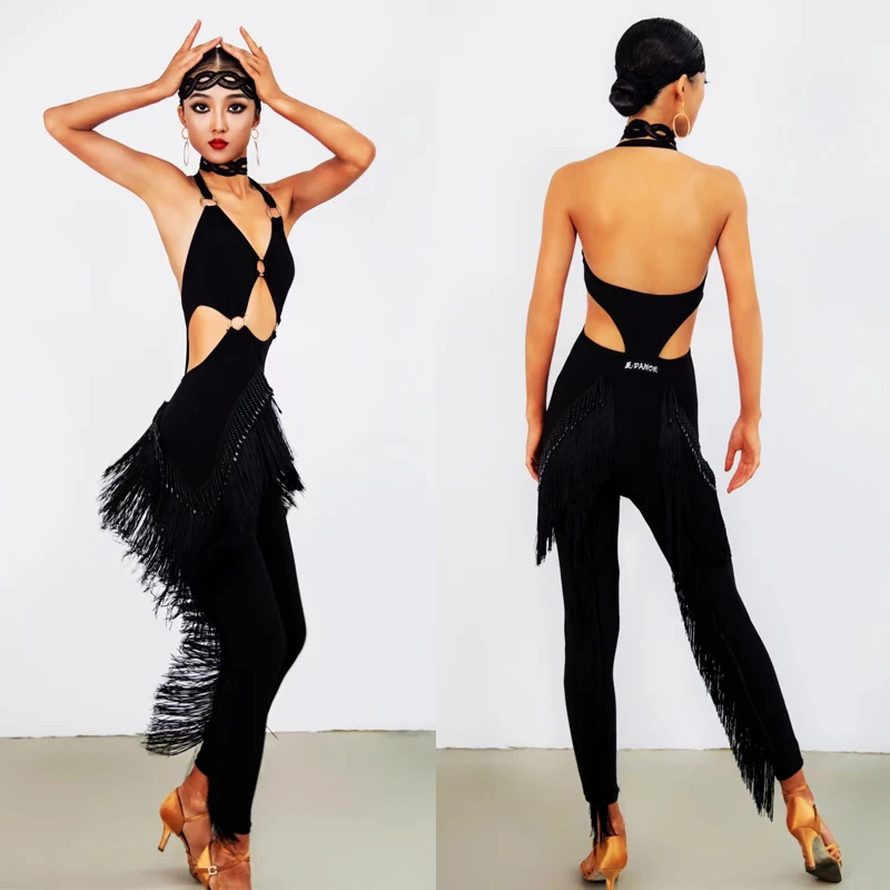 Sexy Latin Dance Costume New Ladies Latin Dance Practice Clothes Black Hanging Neck Hollow One-Piece Fringed Pants SL7549