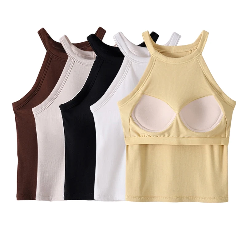 Womens Cotton Camis With Cups Solid color Female Slim Sleeveless Casual Vest Solid Color Crop Lower Cut Top For Ladies